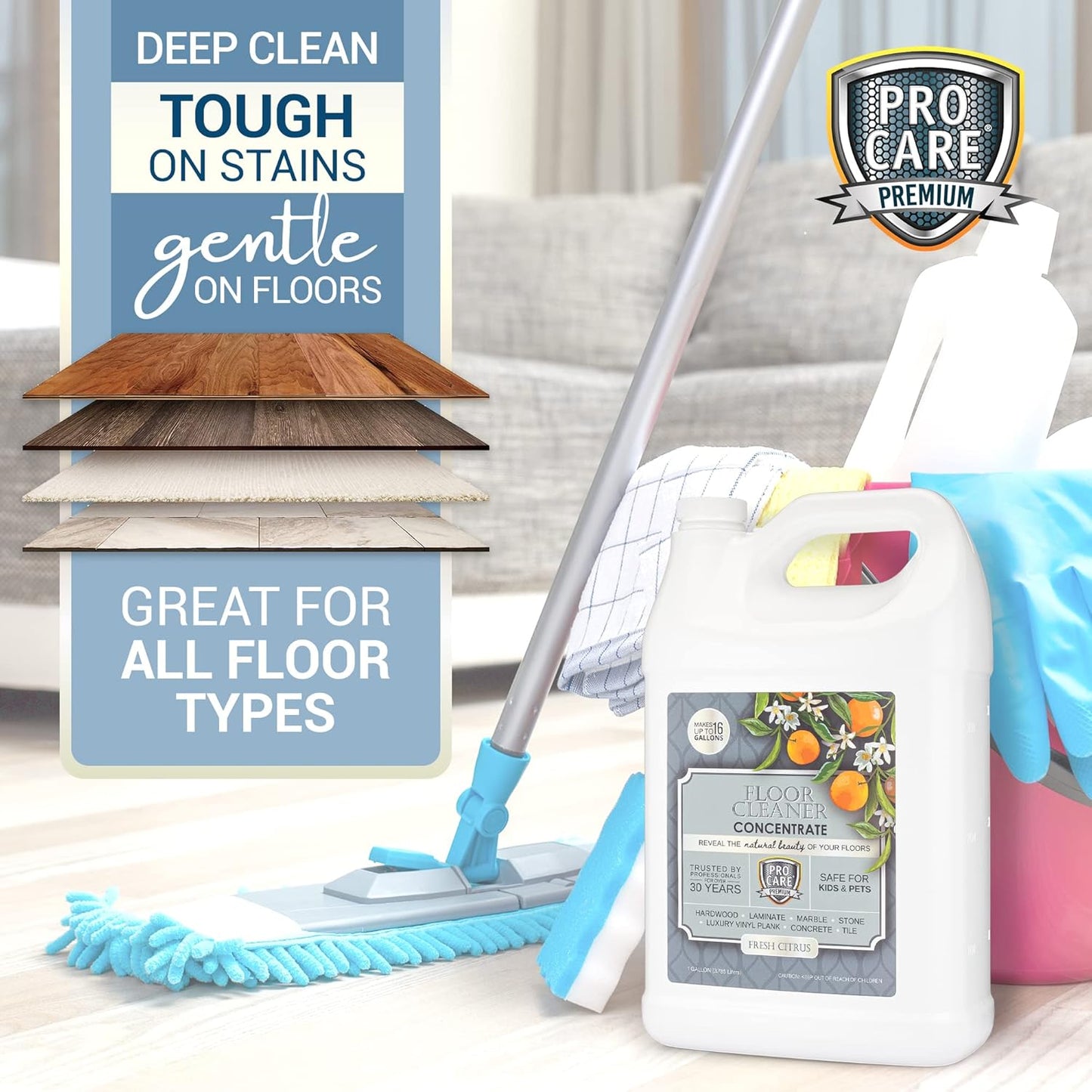 ProCare Citrus Floor Cleaner Concentrate (Made in USA) | Vinyl, Wood, Tile, Stone & Laminate Floor Cleaner For Mopping, Household Supplies, Cleaning Solution For Kitchen & Bathroom - 1 Gallon