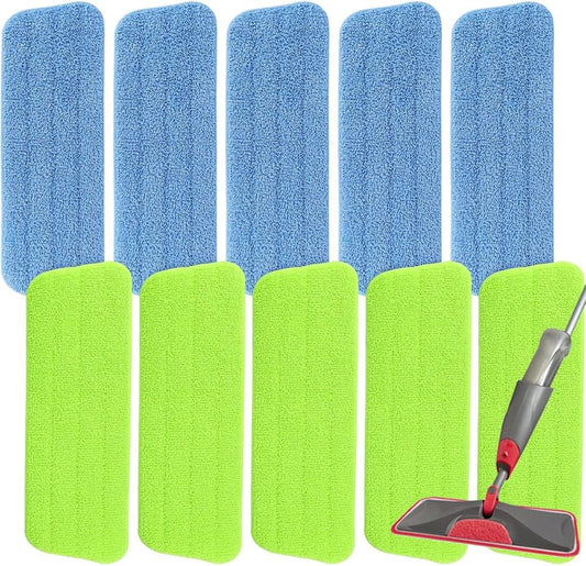16.5 inch Microfiber Mop Pads for Rubbermaid Reveal Spray Mop and Any 16.5" Flat Mop - 10 Pack 13''-15'' Spray Mop Pad Reusable Washable Replacement Refills - Blue & Green