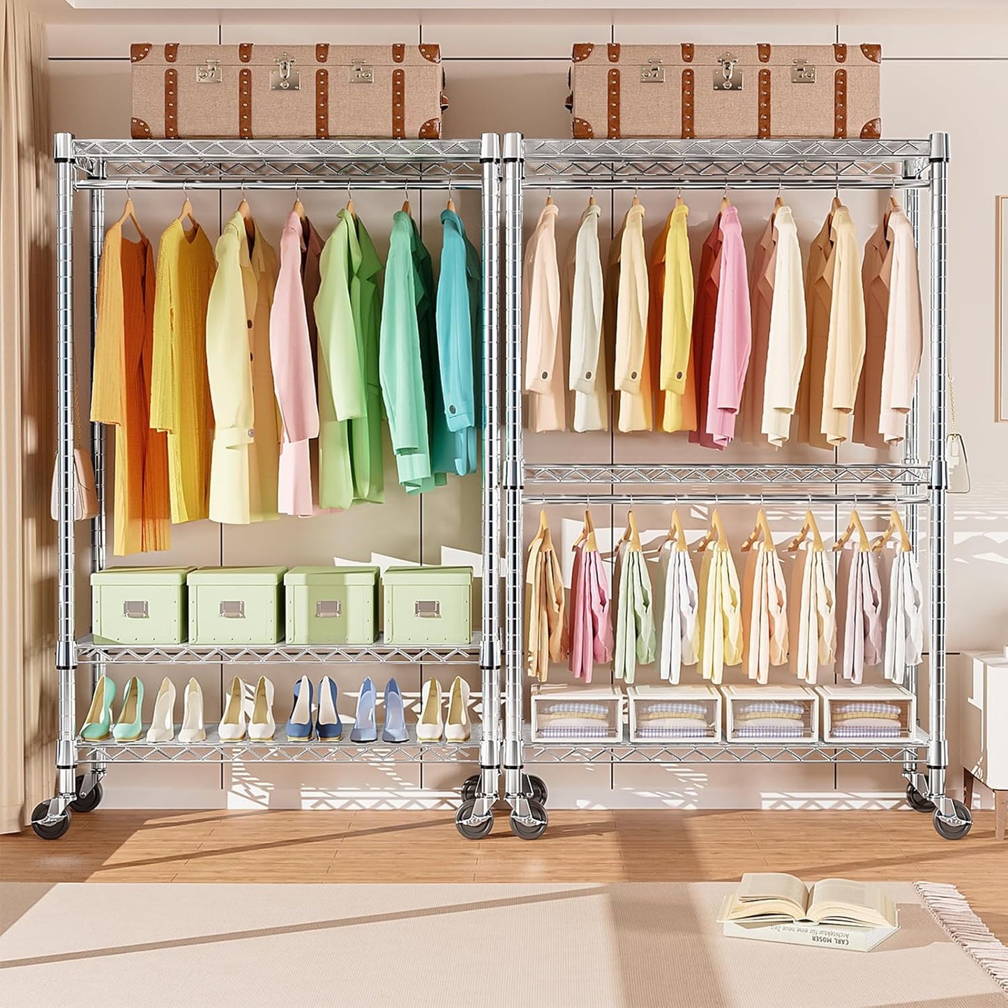 Heavy Duty Rolling Garment Rack 3 Tiers Adjustable Wire Shelving Clothes Rack with 2 Rods and Side Hooks, Storage Closet Clothing Rack with Wheels Chrome 17.7" D x 47.2" W x 83.6" H