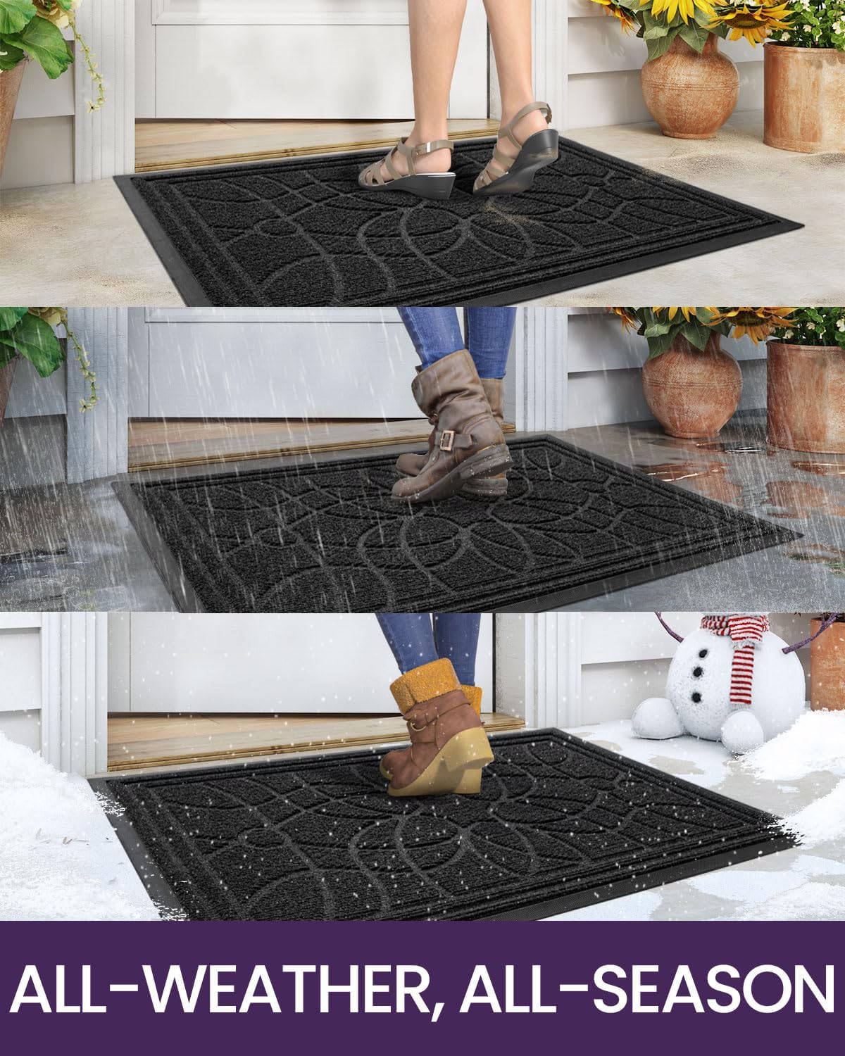 DEXI Front Door Mat Outside Entrance, Heavy Duty Non Slip Low Profile Doormat for Entryway, Trap Dirt and Moisture Welcome Mats, Easy Clean, Patio, Garage, 17x29, Black