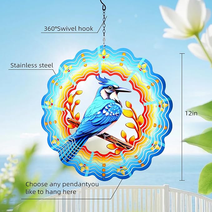 Blue Jay Wind Spinners Outdoor Blue Bird Decor - Birthday Gifts for Women Men,Bird Hanging Wind Spinner 12 inch 3D Wind Sculptures for Garden Patio,Yard, Porch, Deck Decorations