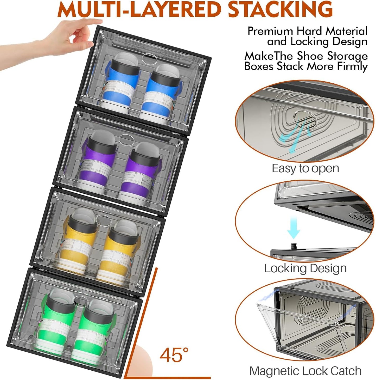 6 Pack Thicken Shoe Organizer Stackable,Upgraded Sturdy Shoe Storage Box with Magnetic Door,Shoe Containers For Sneaker Display,Hat Organizer,Black