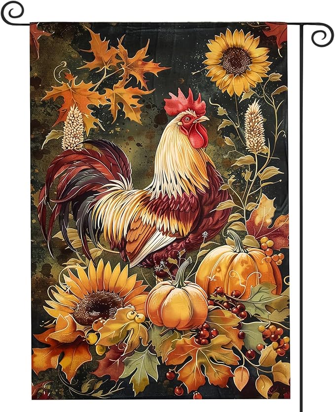 Autumn Rooster Garden Flag 12X18 Inch Double Side,Thanksgiving Harvest Fall Yard Flag,Pumpkin Small Garden Flag,Outdoor Fall Flag for Holiday Outside Patio Decoration