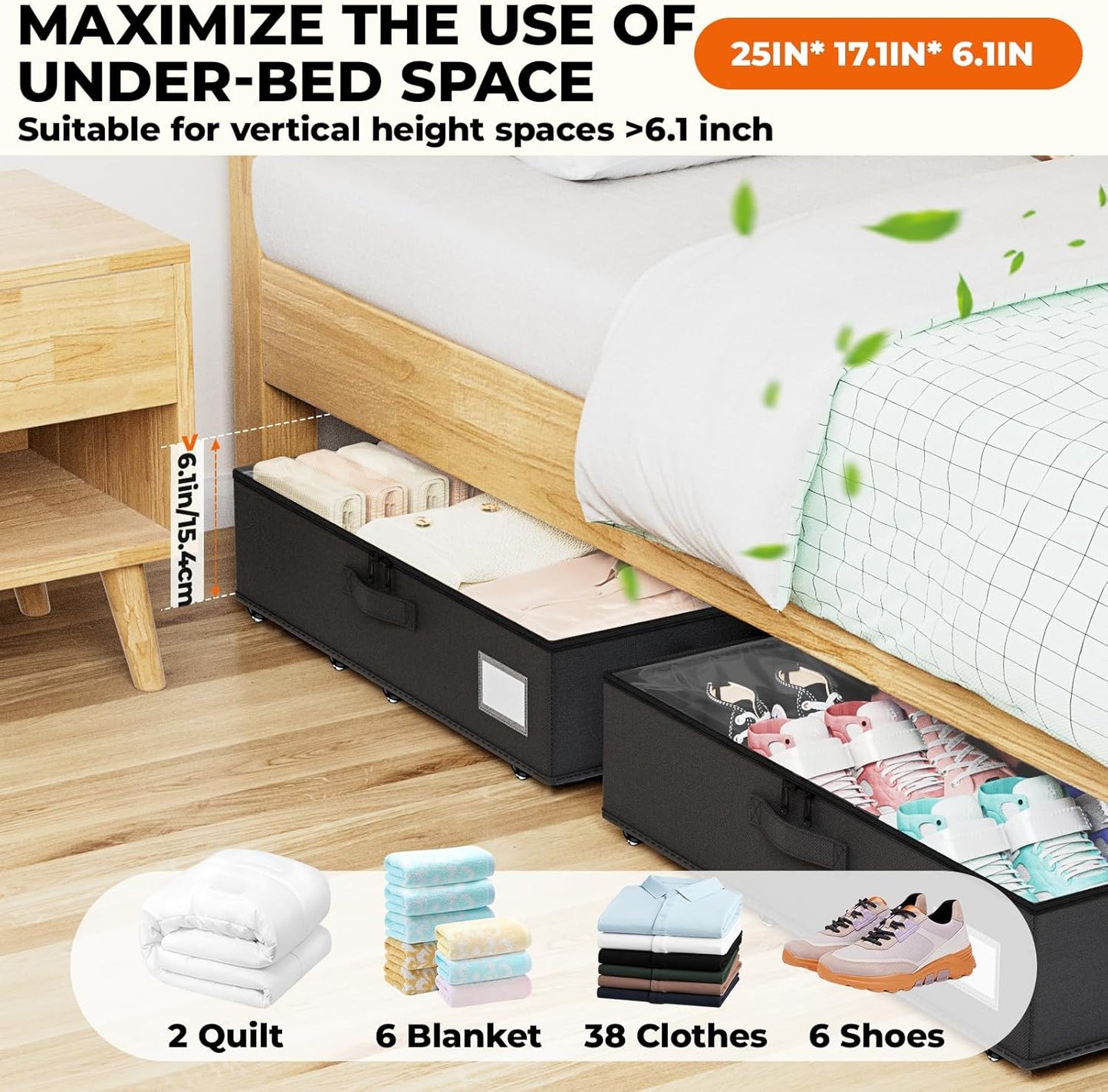Underbed Storage with Wheels, 2 Pack Under Bed Storage Containers with Clear Lids No Assembly Required, 6.1 inch Rolling Under Bed Storage for Clothes, Shoes
