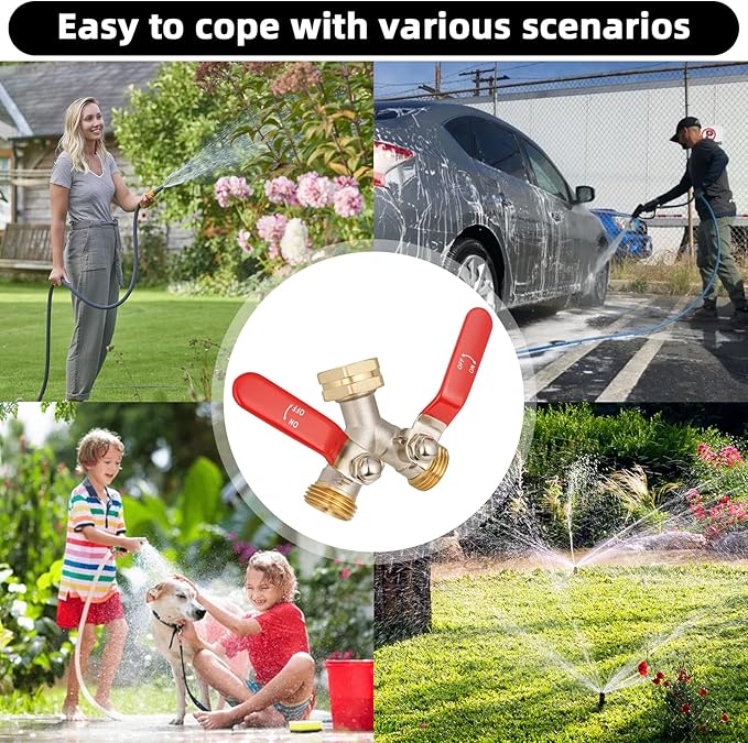 EJW Hose Splitter 2 Way, Heavy Duty Brass Garden Hose Splitter, Garden Hose Y-Valve Splitter, Full Flow Hose Splitter Connector, 3/4 Inch GHT Thread,Garden Hose Adapter 2 Way. longhand
