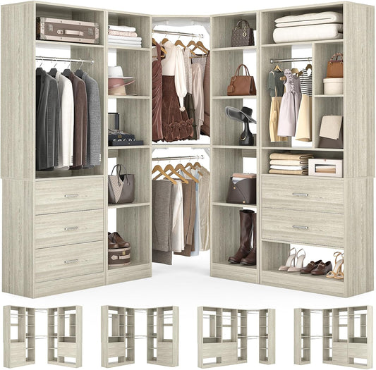 Corner Closet System with 5 Drawers, Closet Organizer System with 15+Shelvess & 4 Hanging Rods, 63.2"L * 63.2"W / 87.2"L * 39.2"W Reversible L Shaped Walk-in Closets, Load 2500+LBS, White Oak