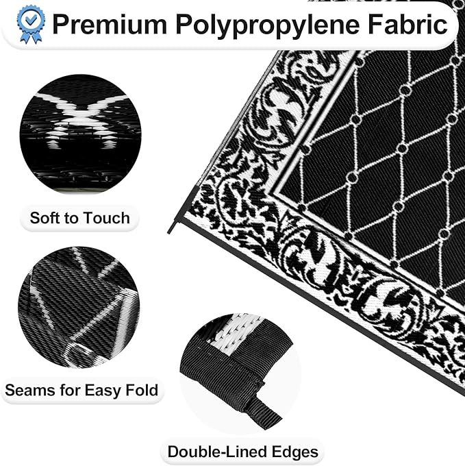OutdoorLines Indoor Outdoor Rugs for Patio 4x6 ft - Reversible Outside Carpet, Stain & UV Resistant Portable RV Mats, Plastic Straw Rug for Camping, Pool Deck, Porch Rhombus Black & White