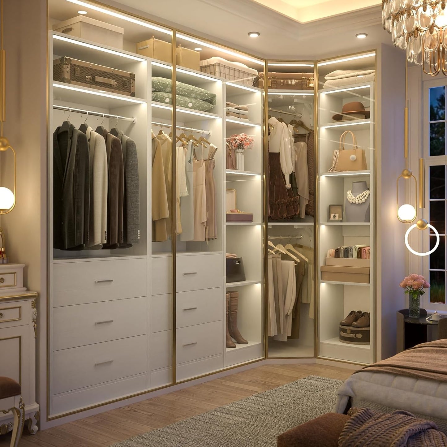 Corner Closet System with 6 Drawers, Closet Organizer System with 14 Shelves & 4 Hanging Rods, 87.2"L * 39.2"W / 63.2"L * 63.2"W Reversible L Shaped Walk-in Closets, Load 2500+LBS, White