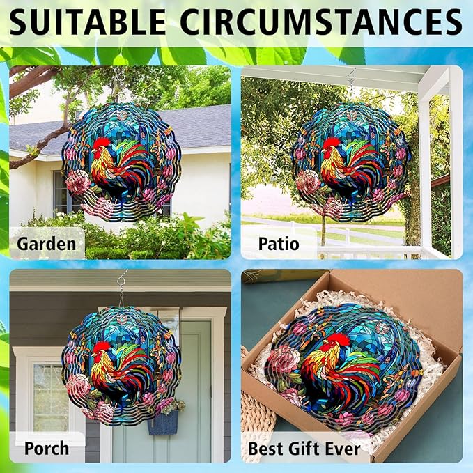 Rooster Yard and Garden Wind Spinner, Unique 3D Hanging Rooster Wind Spinner