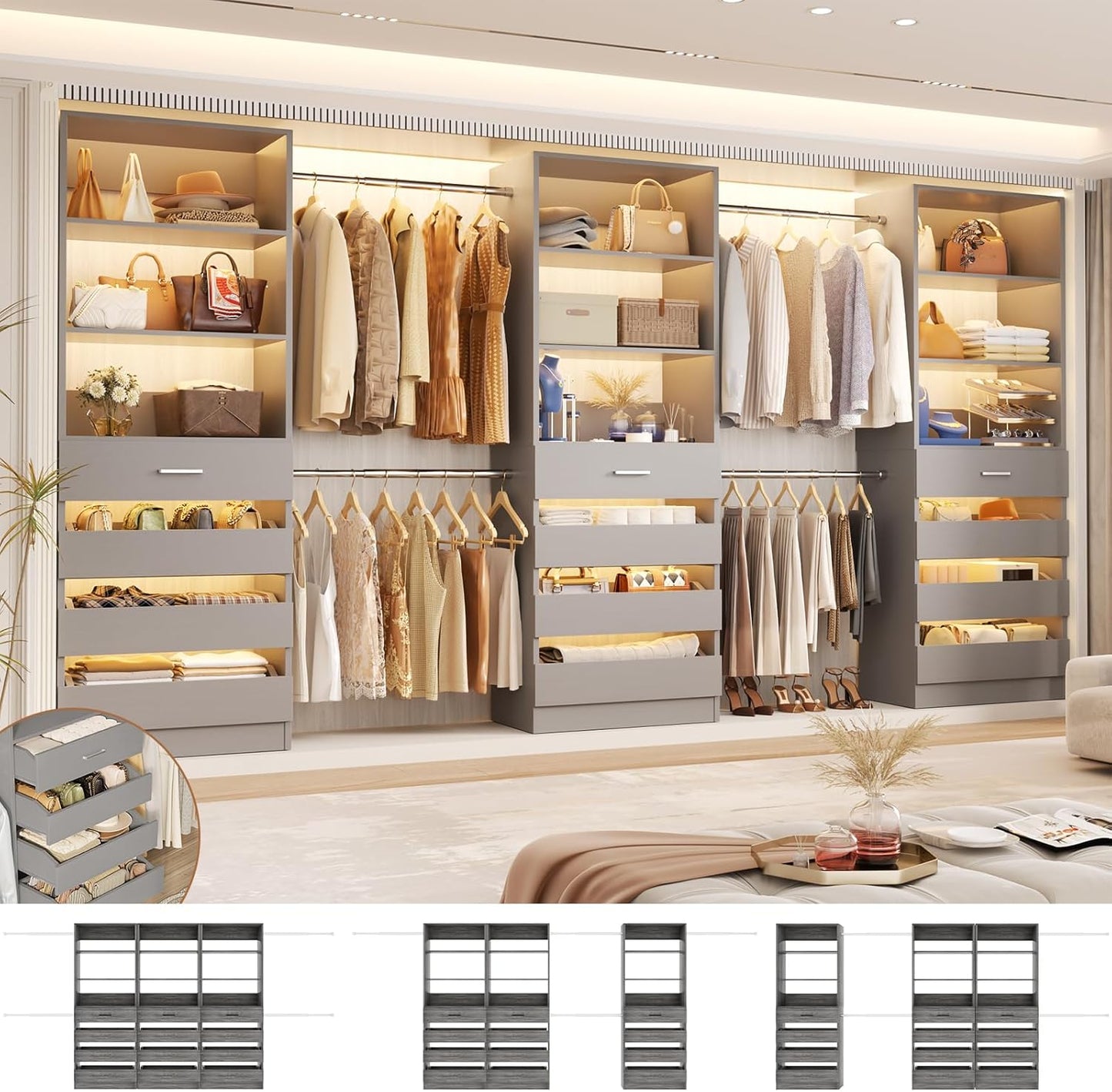 Aheaplus Closet System with 12 Drawers, 8.5-11.5Ft Wood Closet Organizer System with 4 Hanging Rods & 3 Towers, 4Ft & 6Ft L-Shaped Walk-in Closets Wardrobe Organizer Clothes Rack, Set of 3, Grey