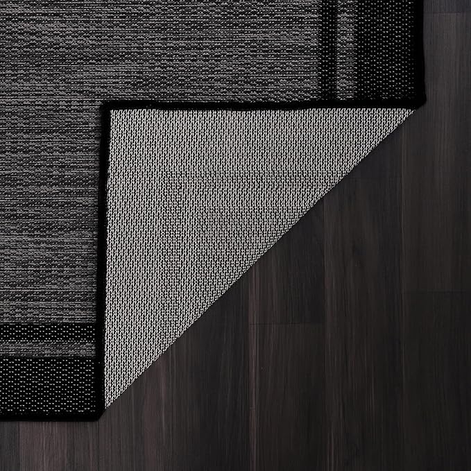CAMILSON Indoor Outdoor Rug, 9x12 Bordered Dark Grey Black Modern Large Area Rugs for Indoor and Outdoor Patios, Kitchen and Hallway Mats, Washable Porch Deck Outside Carpet (Bordered Black, 9 x 12)
