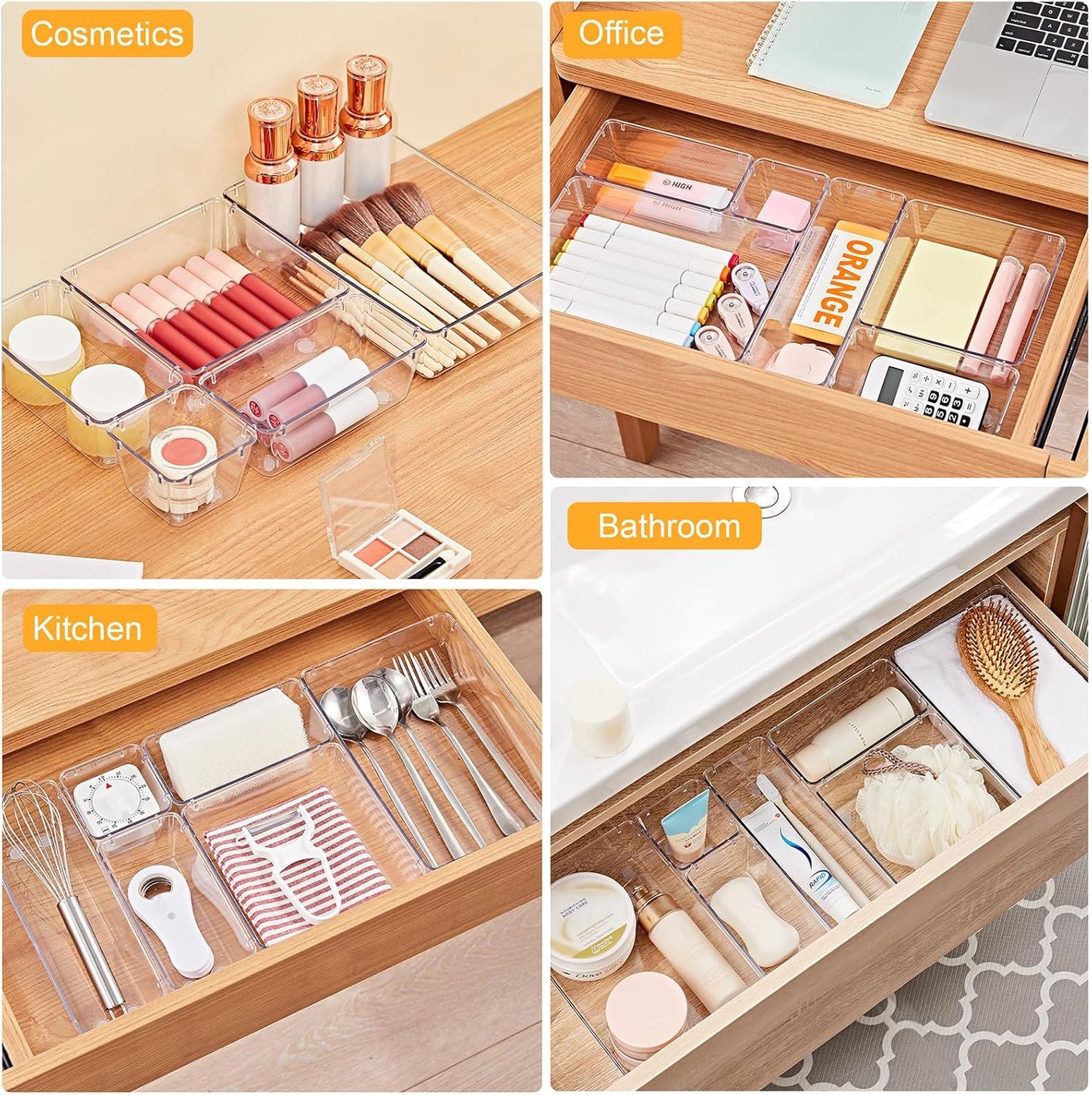SMARTAKE 13-Piece Drawer Organizers with Non-Slip Silicone Pads, 5-Size Desk Bathroom Drawer Organizer Trays Storage Tray for Makeup, Jewelries, Utensils in Bedroom Dresser, Office and Kitchen, Clear