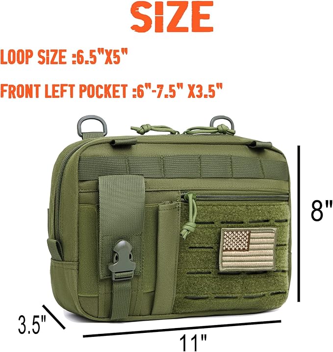 Tactical Molle Admin Pouch of Laser Cut Design,Medical EMT Organizer with Phone Pouch,EDC EMT Pack IFAK Tool Holder with US Patch (Large Green Without Accessories)