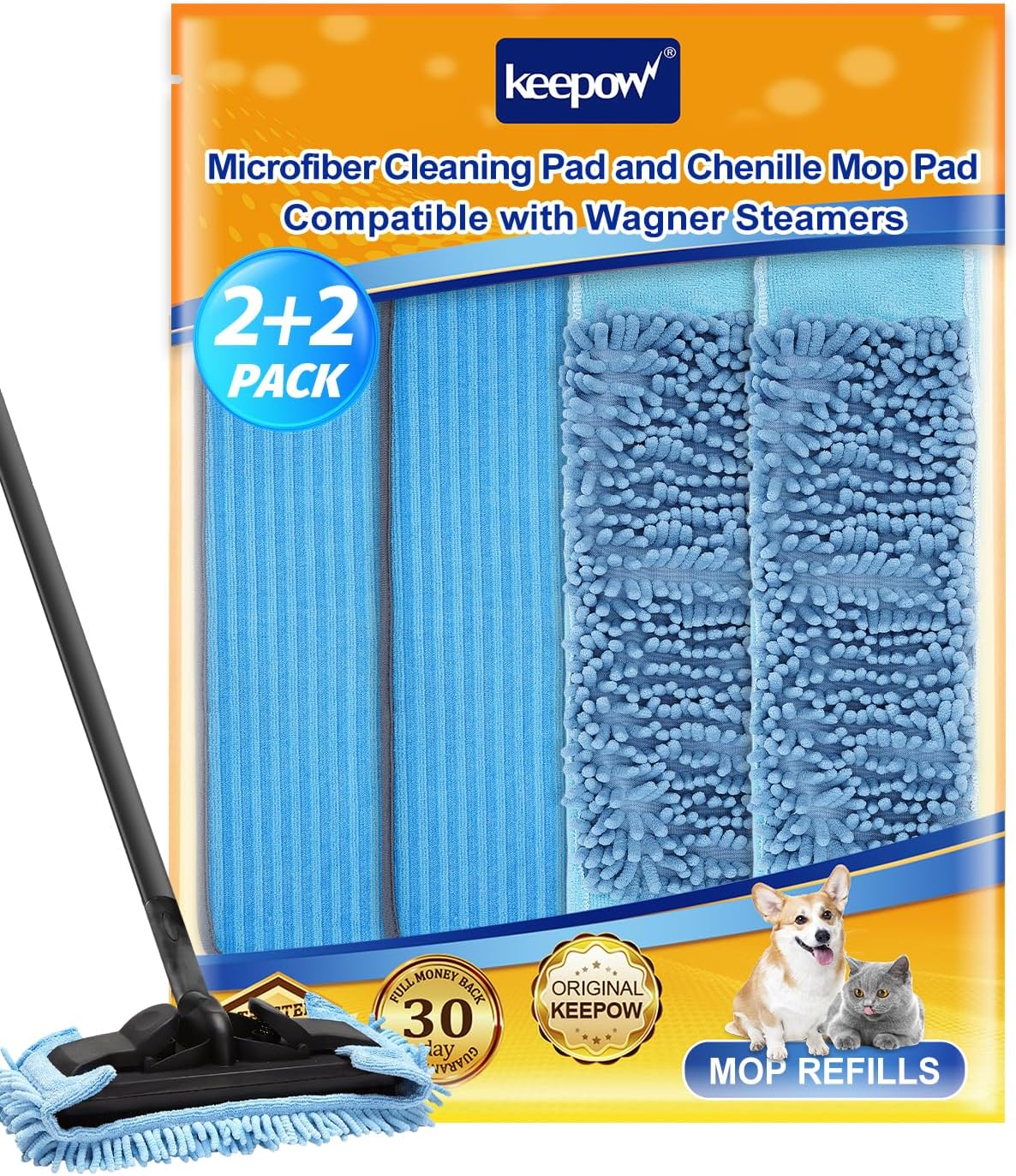 KEEPOW Reusable Microfiber Mop Pads Compatible with Wagner 905e, 915e & 925e Steamers, Reusable Microfiber Cleaning Pad and Chenille Mop Pads for Hardwood Floor Cleaning 2+2 Pack (Mop is Not Included)