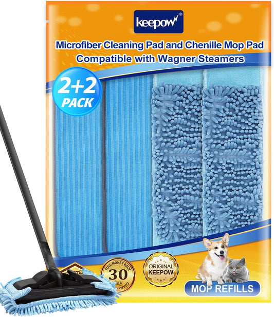 KEEPOW Reusable Microfiber Mop Pads Compatible with Wagner 905e, 915e & 925e Steamers, Reusable Microfiber Cleaning Pad and Chenille Mop Pads for Hardwood Floor Cleaning 2+2 Pack (Mop is Not Included)