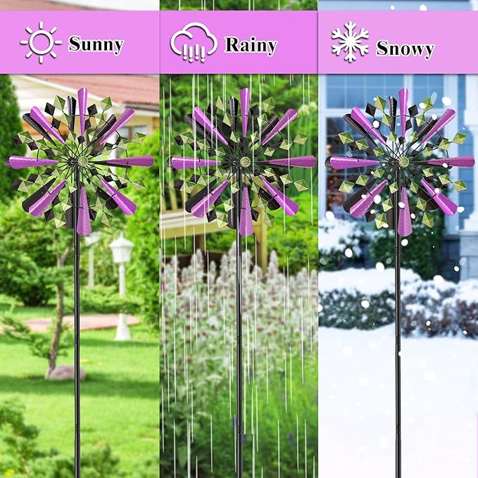Large Wind Spinners Outdoor, 23.6" W x 79.4" H Metal Yard Wind Sculptures, 360 Degrees Kinetic Spinner Windmills Garden Art Decor Pinwheels for Outside Patio Lawn (Purple+Green)