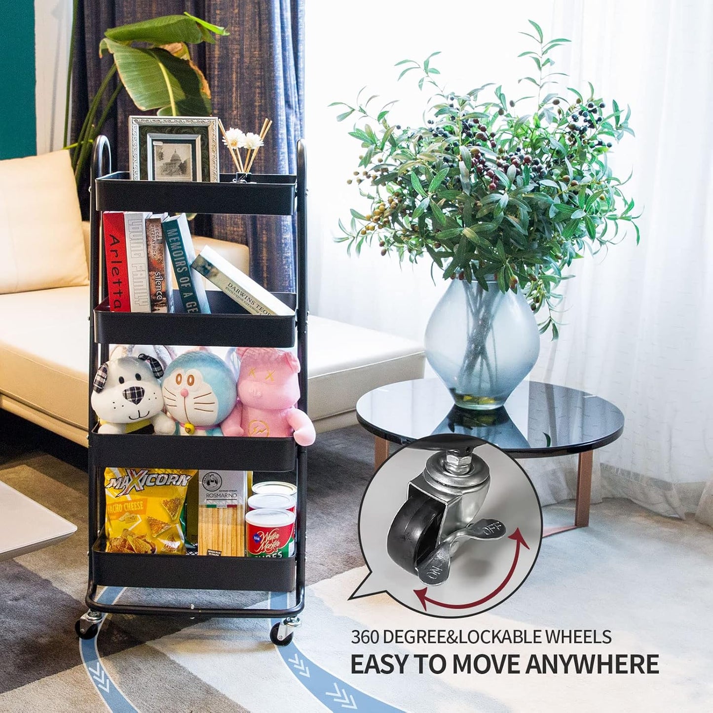 elabo 4-Tier Metal Mesh Utility Rolling Cart, Storage Organizer Trolley Services Cart with Lockable Wheels for Kitchen, Bathroom, Living Room (Black)