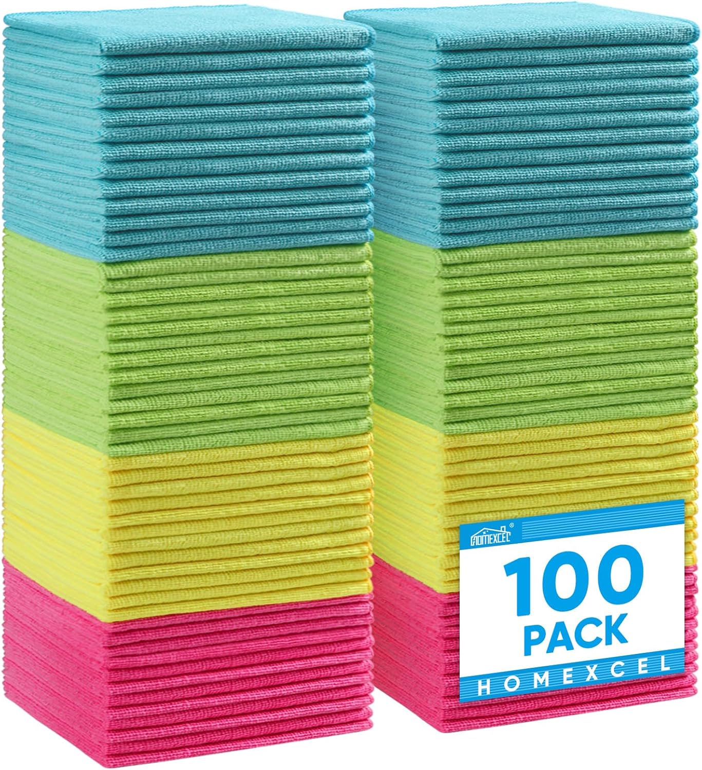 HOMEXCEL Microfiber Cleaning Cloth,100 Pack Cleaning Rags, Cleaning Towels with 4 Color Assorted, 11.5"X11.5" Shop Towels (Green/Blue/Yellow/Pink)