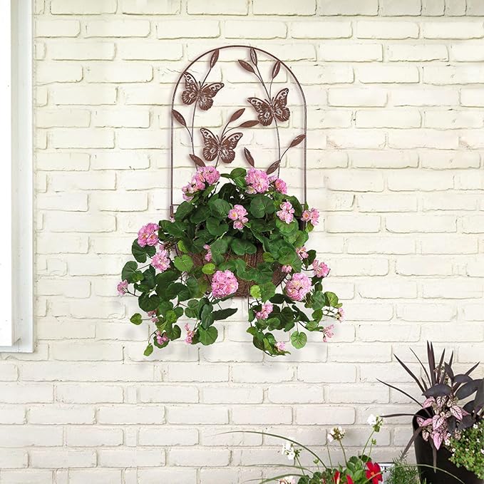 BAYN 2PK Wall Hanging Planter Decor Art with Butterfly, Metal Wall Mounted Planters Indoor Outdoor Wall Planter for Succulent Herb Home Garden Yard