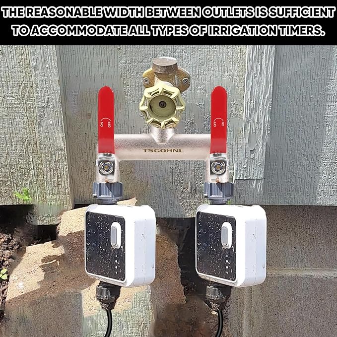 Garden Hose Splitter, 3/4” Rust and Freeze Resistant Outdoor Hose Manifold with 2 Red Extra Long Handles Faucet Adapter-Heavy Duty Brass Nickel Plated 2-Way Valve