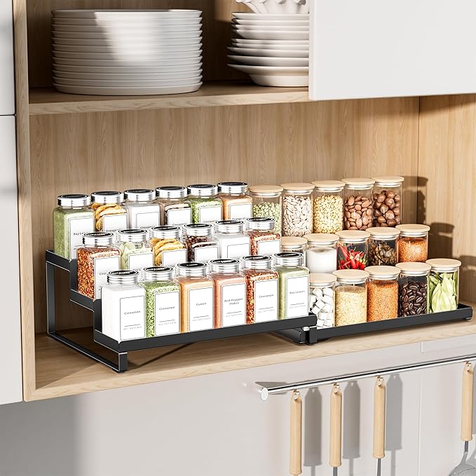 Spice Rack Organizer for Cabinet, Expandable 3 - Tiered Spice Rack, Metal Spice Organizer, Spice Shelf Organizer for Cabinet, Countertop, Pantry, Cupboard, Black
