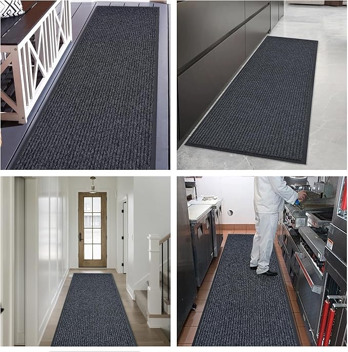 fani Heavy Duty Large Outdoor Indoor Entrance Black Doormat Waterproof Low Profile Entrance Rug Front Door Mat Patio Anti-Skid Rubber Back, 48x96 inch (Gray)