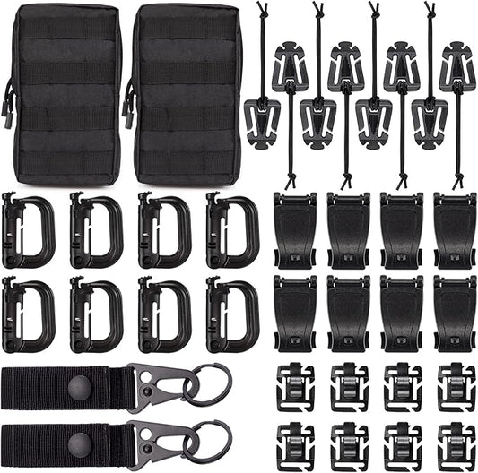 BOOSTEADY 36PCS Attachments for Tactical Backpack Vest Belt,D-Ring Grimloc Locking Gear Clip, Web Dominator Elastic Strings, Strap Management Tool Buckle,Hydration Tube Clips,Key Ring,MOLLE Bag