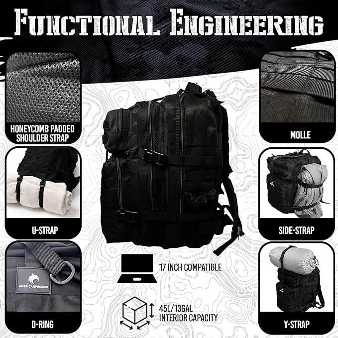 45L Elite Tactical Backpack | 3X Stronger Work & Military Backpack | Water Resistant and Heavy Duty | 3 Day MOLLE Bug Out Bag (Carbon Black)