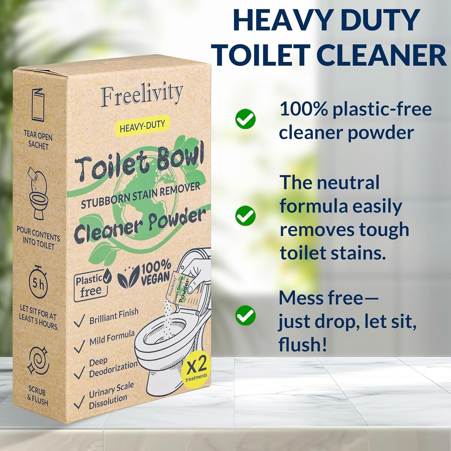 Freelivity Heavy Duty Toilet Bowl Cleaner Powder - Cleans Hard Water Rings, Calcium Buildup & Stains - 2 Treatments - Plastic-Free, 1 Pack