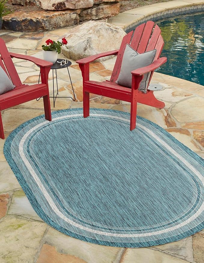 Unique Loom Outdoor Border Collection Area Rug - Soft Border (7' 10" x 10' Oval, Teal/ Ivory)