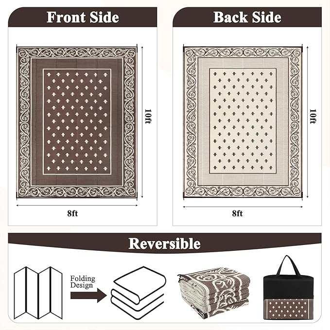 Pauwer Waterproof Outdoor Rug 8x10, Reversible Plastic Straw Patio Camping Rug, Indoor Outdoor RV Mat Carpet for Deck, Camper, Porch, Balcony, Backyard, Picnic, Bordered Brown