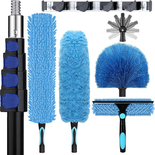 36ft High Ceiling Duster Kits with 5-30ft Heavy Duty Extension Pole - Fan Blade Cleaner, Cobweb Remover & Blue Window Squeegee Kit, Washable Dust Brush for High Roof and Glass Surfaces