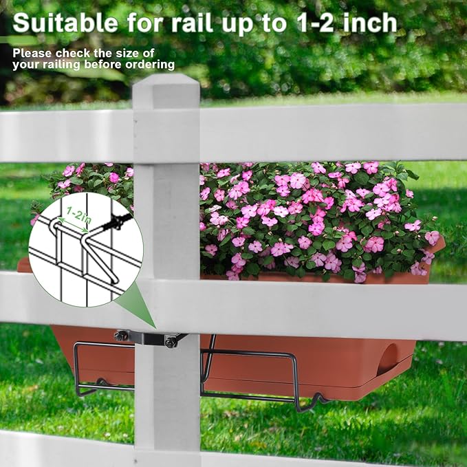 HAITRAL 16.9 Inch Deck Railing Planter Boxes for Plants, Rectangular Hanging Window Boxes Planters with Metal Flower Pots Brackets - 6 Pack Railing Planter Box for Balcony Fences Garden, Red