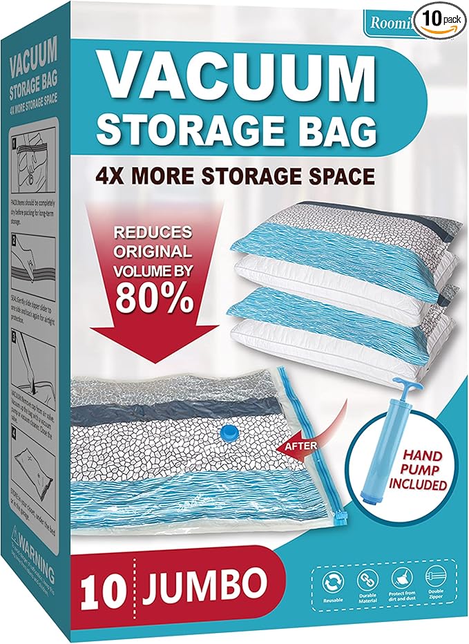 Vacuum Storage Bags, 10 Jumbo Space Saver Bags with Pump, Space Bags, Vacuum Sealer Bags for Clothes, Comforters, Blankets, Bedding
