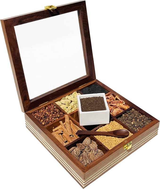 Wooden Spice Box with lid and Spoon - 9 spice compartments including with 1 removable Ceramic Container Good for Storing Salt - Tabletop Kitchen Spice Organizer for Masala and Herbs