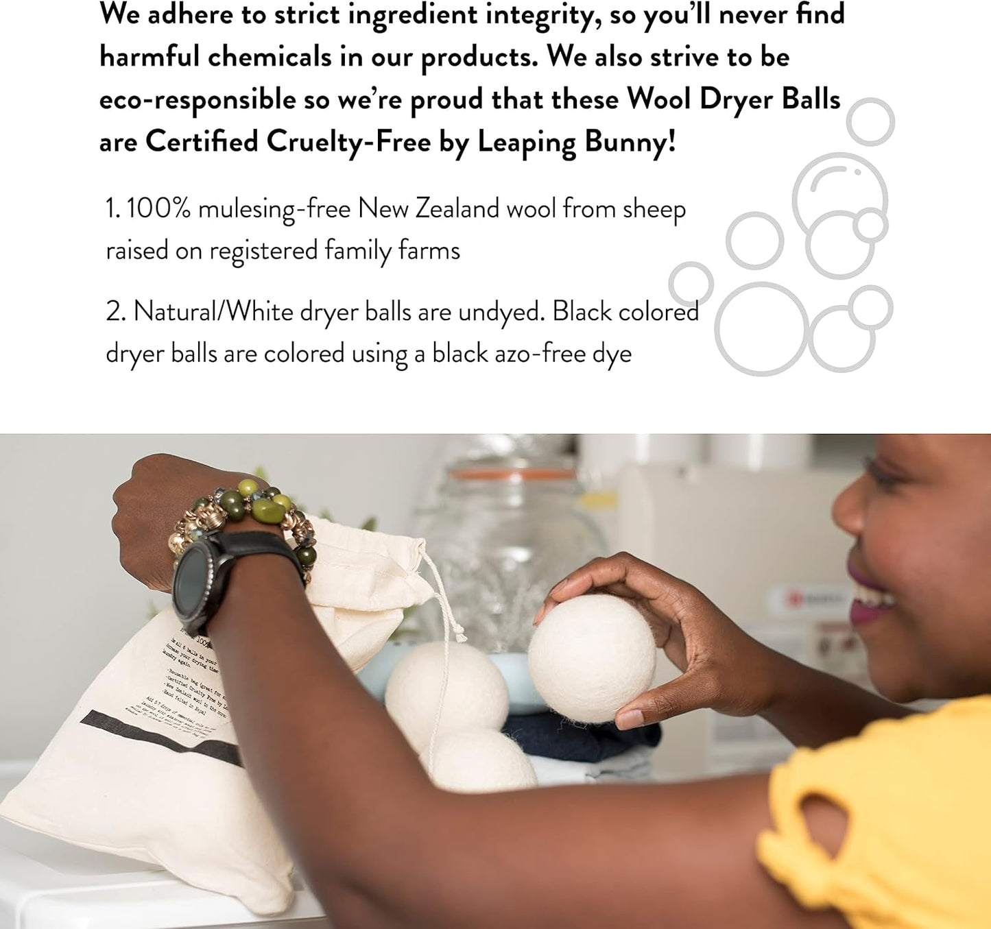 Molly's Suds Wool Dryer Balls | XL, Premium Organic Fabric Softener, Hypoallergenic, Hand-Felted, Reusable, Reduce Drying Time | Black, Set of 6