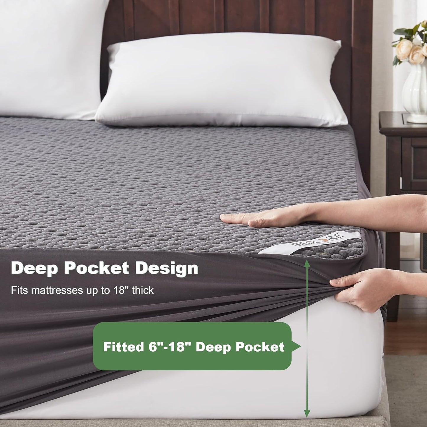 Waterproof Mattress Protector, King Size Mattress Pad Fitted 6"-18" Deep Pocket, 3D Air Fabric Breathable Bed Mattress Cover Noiseless Washable for Home, Bedroom, Hotel(Carbon Gray)