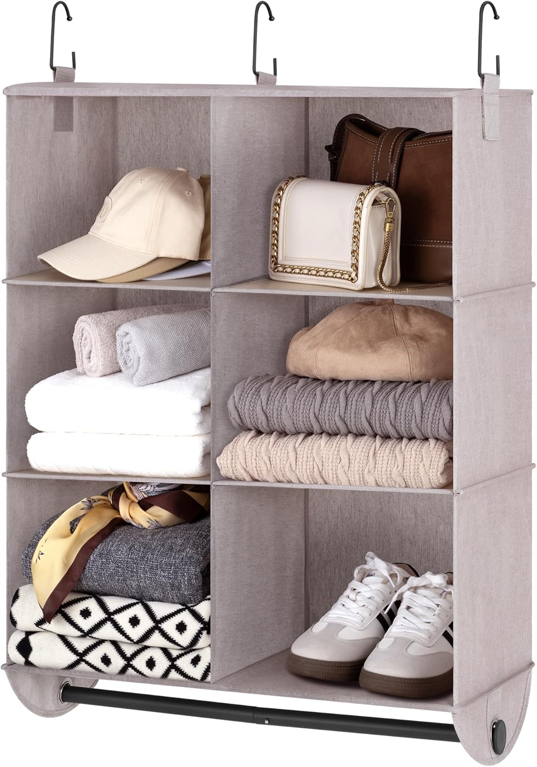 StorageWorks Hanging Closet Organizer with Metal Rod, 6-Section Closet Organizers and Storage, Collapsible Hanging Shelves for Wardrobe Organizer, Nursery, Bedroom, Light Khaki