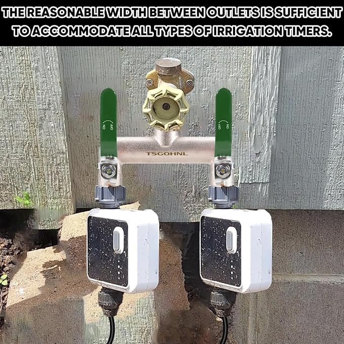 Garden Hose Splitter, 3/4” Rust and Freeze Resistant Outdoor Hose Manifold with 2 green Extra Long Handles Faucet Adapter-Heavy Duty Brass Nickel Plated 2-Way Valve