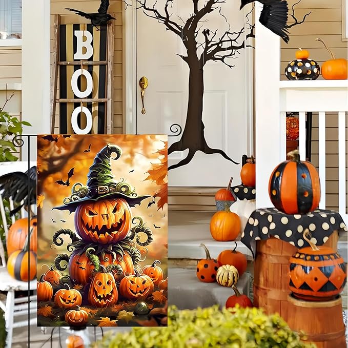 Halloween Garden Flag 12X18 Inch Double Side,Pumpkin Fall Yard Flag, Jack O Lantern Small Garden Flag,Yard Outdoor Flag for Holiday Outside Patio Decoration