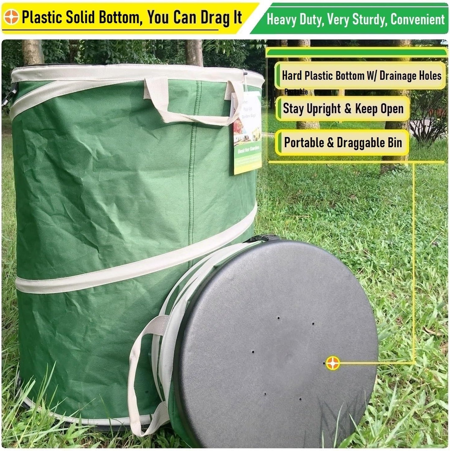 2-Pack 32 Gallon Collapsible Trash Can (19x25 in) Solid Bottom for Yard Waste Bag,Yard Debris Bag,Pop-Up Trash Can,Recycling Bin,Camping Waste Bin,Laundry Hamper,Lawn Grass,Garden Weeds Bags,Leaf Bags