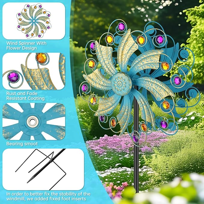Metal Wind Spinners Outdoor, Golden Kinetic Wind Sculpture Garden Pinwheels with Metal Stake, Yard Art Decor for Patio, Lawn & Garden, Creative Gifts 57.5 * 13 Inch