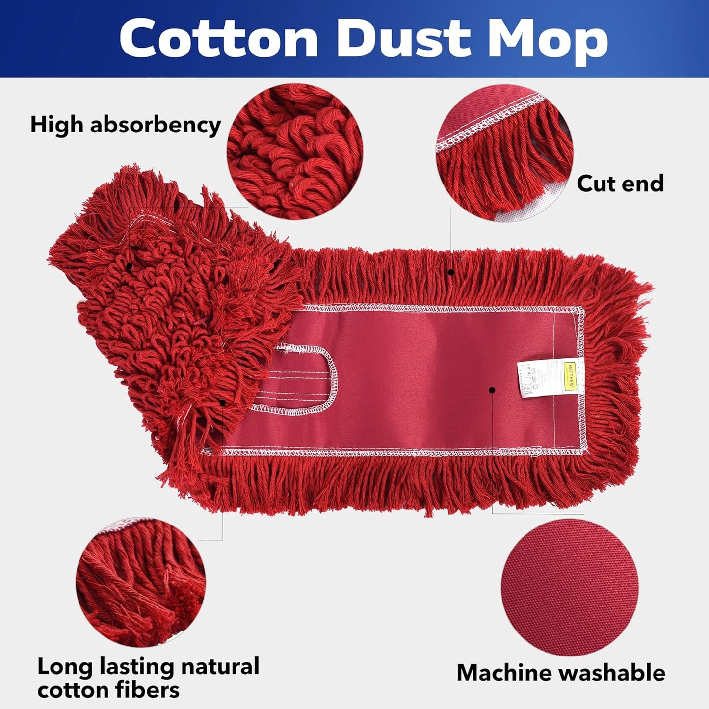 Matthew Cleaning 24'' Industrial Strength Cotton Dust Mop Refill Washable Replacement Heads for Residential & Commercial Use Fit Standard Dust Mop Frames, Hardwood,Concrete Floors Red 6 Pack