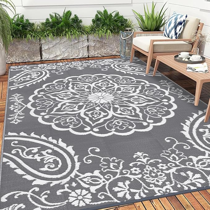 Pauwer Waterproof Outdoor Rug 10x14, Reversible Plastic Straw Patio Camping Rug, Indoor Outdoor RV Mat Carpet for Deck, Camper, Porch, Balcony, Backyard, Picnic, Boho Grey