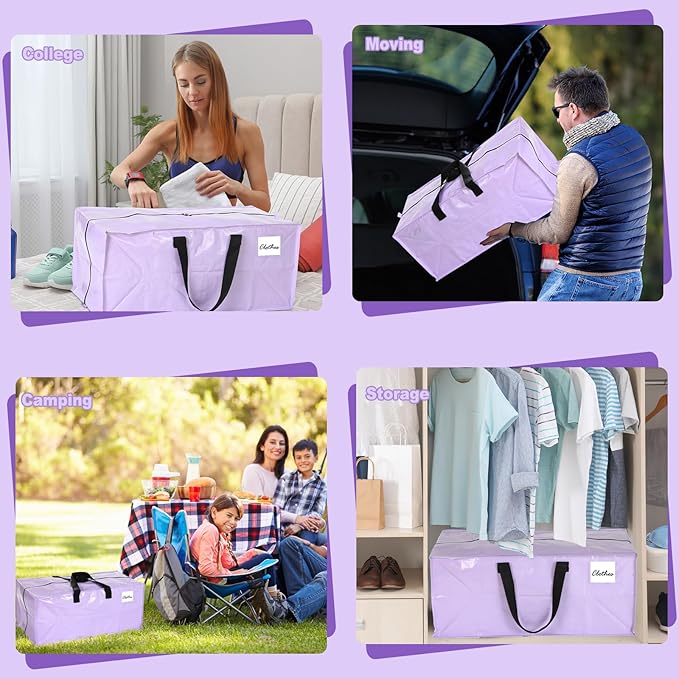 4 Pcs 24 Gallon Large Moving Bags with Zipper and Handles Foldable Storage Duffle Bags Heavy Duty Extra Large Totes for College Dorm Travel Clothes Blankets Bedding Moving (Purple)