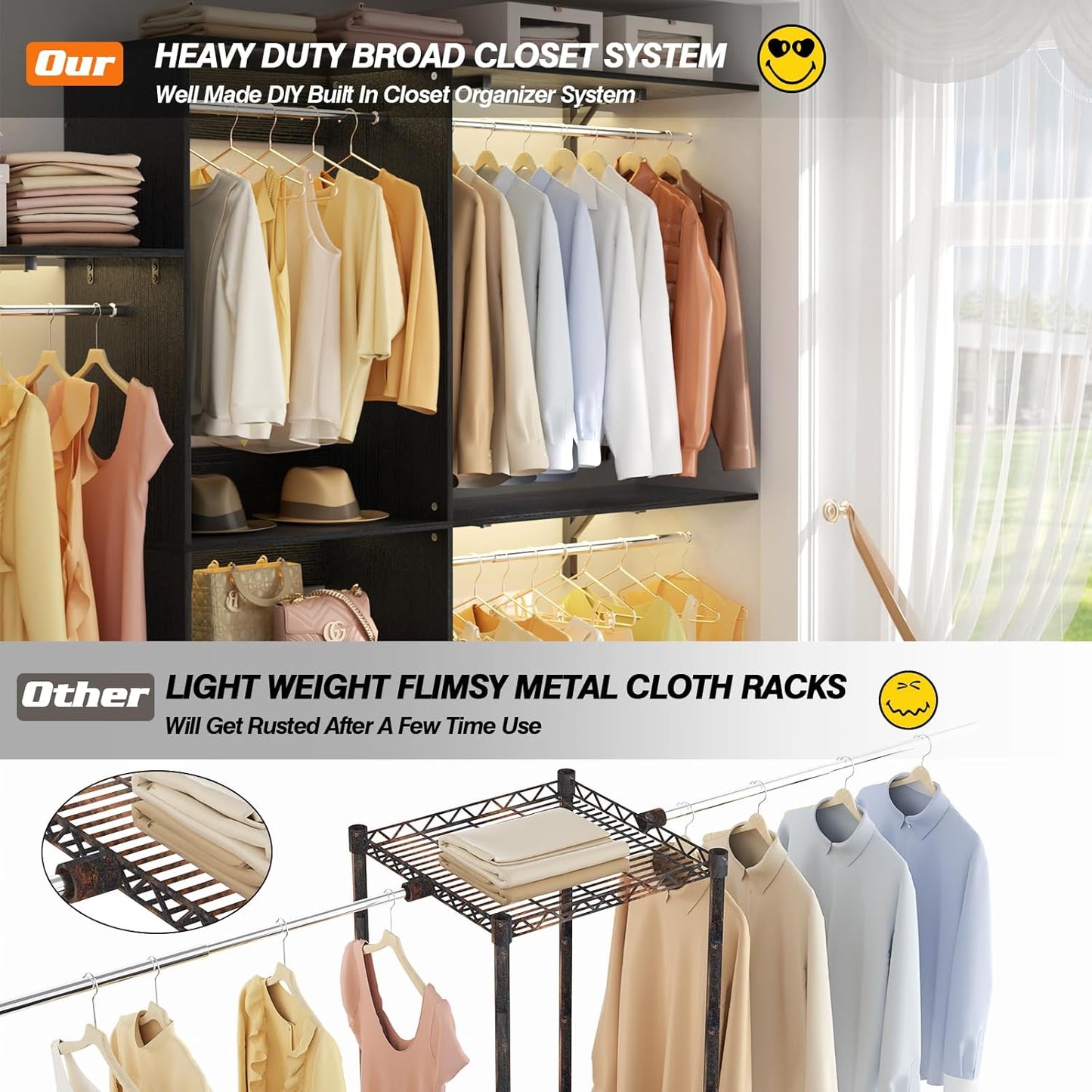 8FT Closet System with Shelves, 96'' Closet Organizer System with 3 Hanging Rods, Wall Mount Bedroom Wardrobe Walk-in Closet, Adjustable Cloth Garment Rack from 5 to 8FT (Cut to Fit), Black