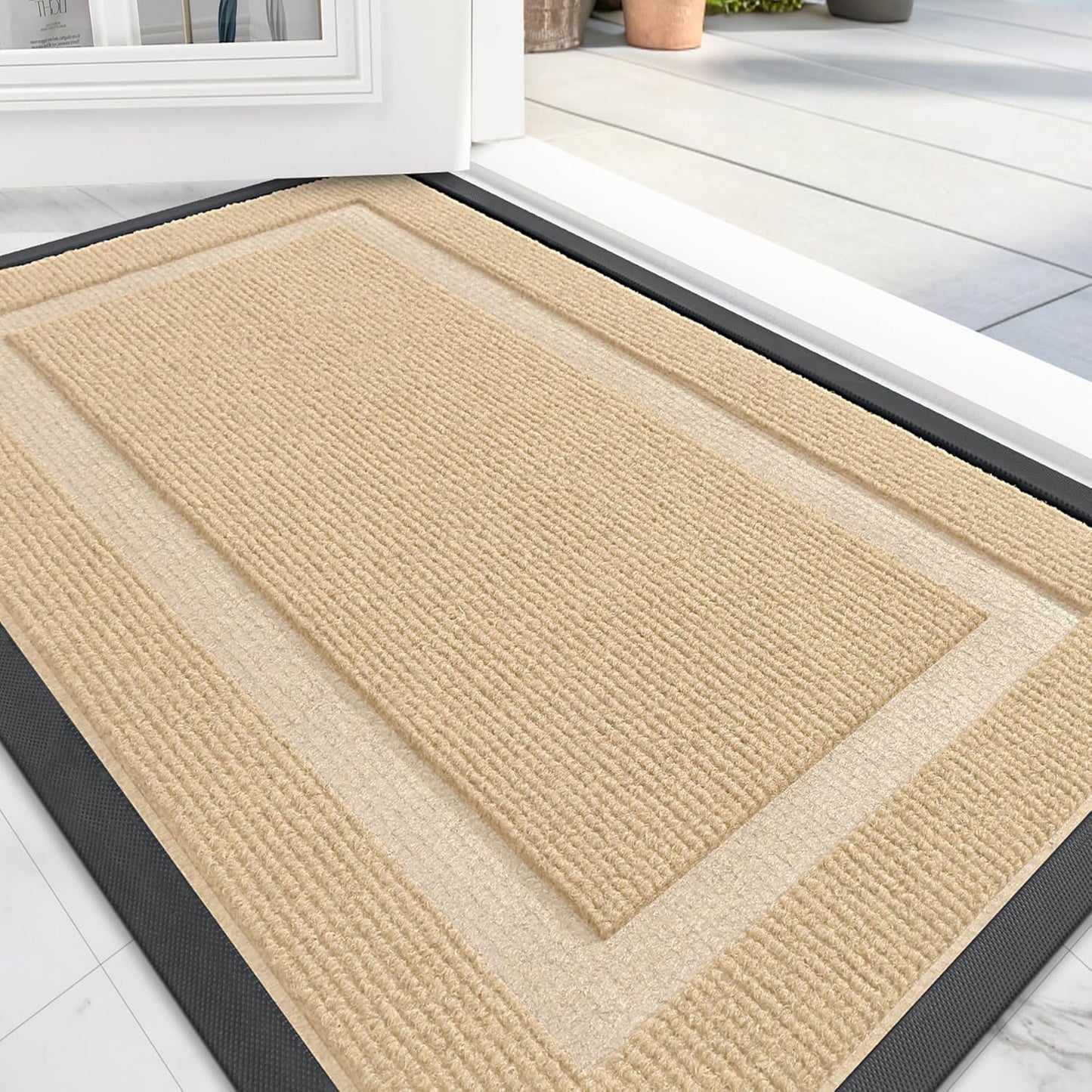 OLANLY Front Door Mat Indoor Outdoor Entrance, Waterproof All-Season, All-Weather Doormat, Sturdy Natural Rubber, Fade Resistant, Low Profile, Easy Clean Patio Porch Entryway Mat, 59x20, Beige