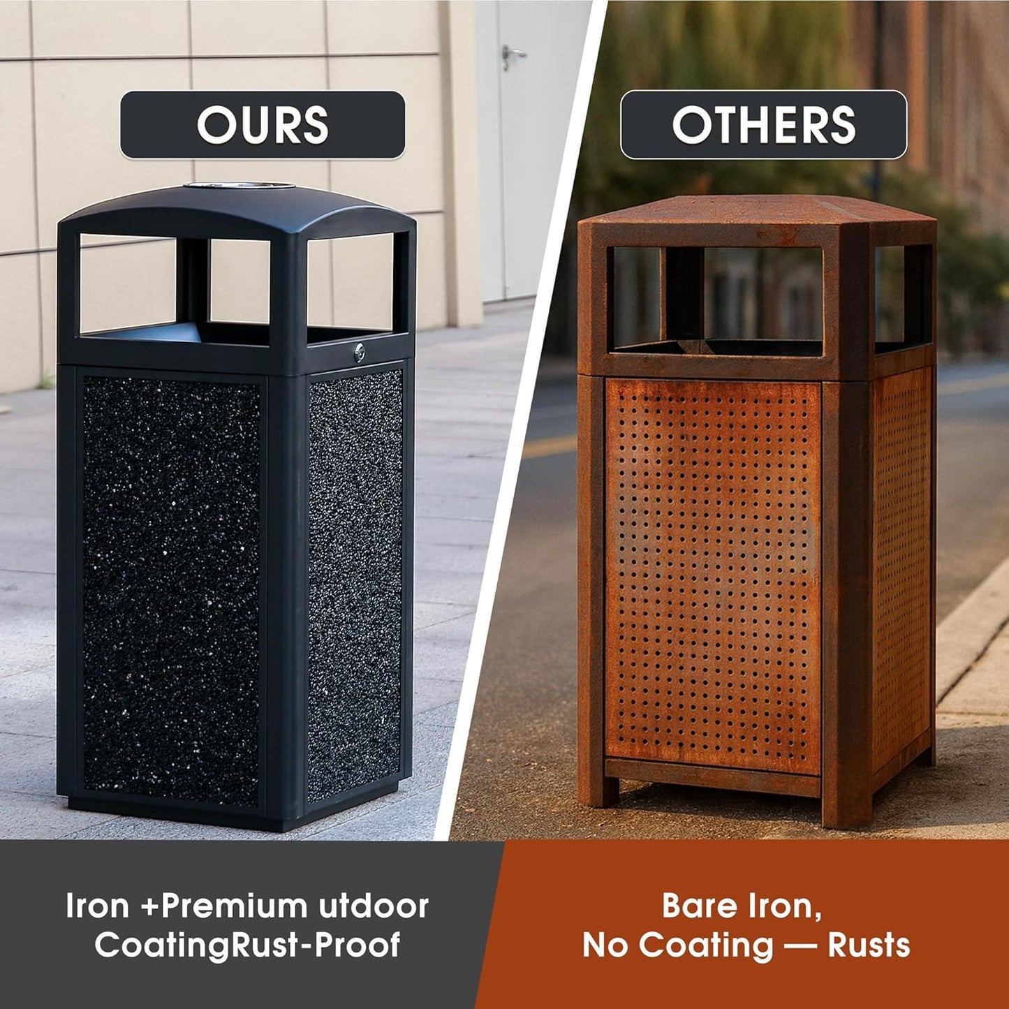 Commercial Metal Outdoor Trash Can with Lid, Lockable Outdoor Garbage Can with Nature Stone Panels, Heavy-Duty Rustproof Trash Bin with Removable Liner for Parks & Public Spaces