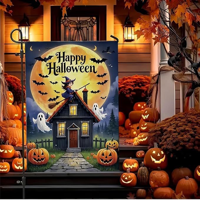 Happy Halloween Garden Flag 12X18Inch Double Side,Witch Yard flag for Outdoor,Pumpkin Small Garden Flag Decorative,Outside House Flag for Holiday Patio Courtyard Lawn
