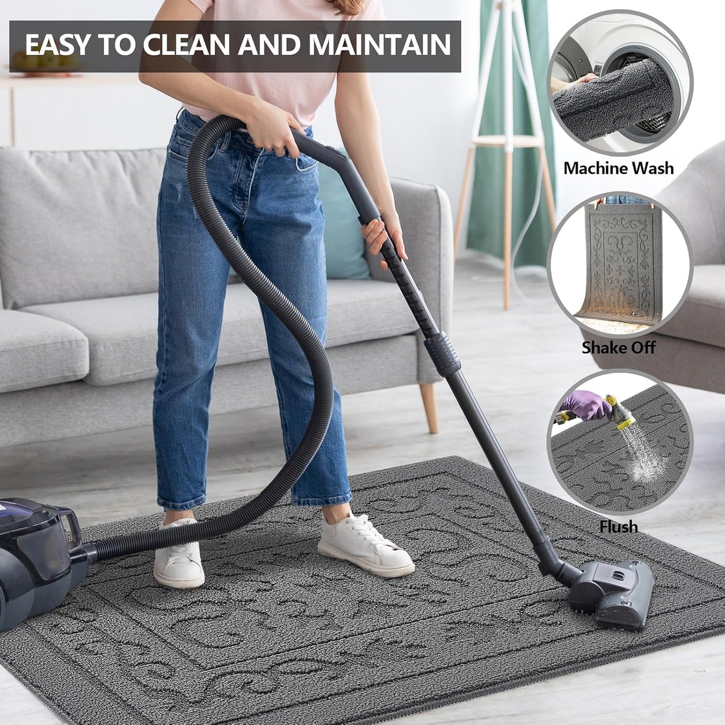 FONEYI Indoor Door Mat 36" x 59", Dirt Trapper Door Mats Non-Slip Entryway Rugs Washable, Absorbent Resist Dirt Welcome Mat, Low Profile Inside Floor Mats for Front Back Door and Entryway, Grey